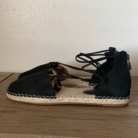 Eileen Fisher Flats Lace Leather Espadrille Closed Toe Strappy Black 8 US Jute - Picture 4 of 12